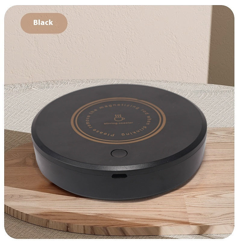 Rechargeable magnetic coffee stirrer coaster from Bucciato, a smart kitchen gadget for automatic beverage stirring.