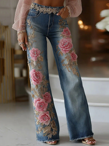 Women's Retro Printed Faux Denim Jeans