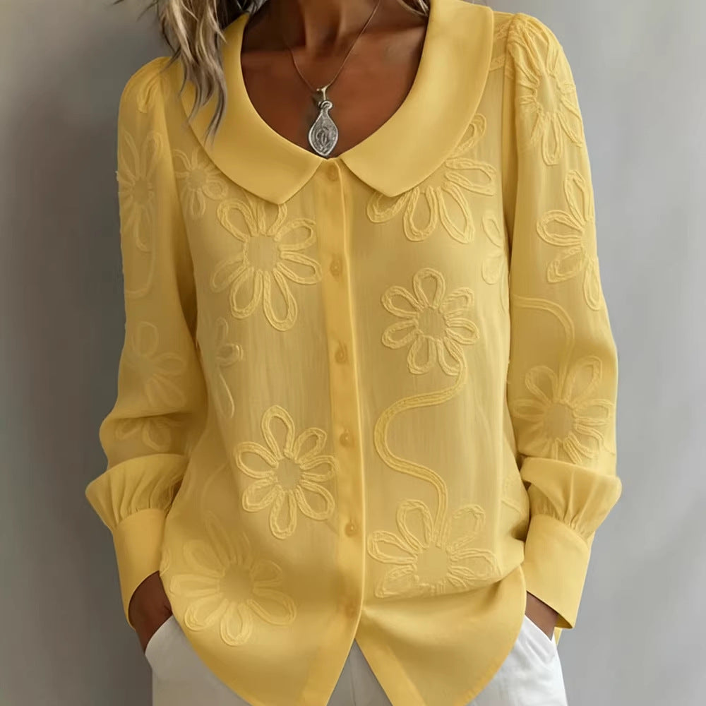 Damen-Langarmshirt mit besticktem Jacquard-Muster und Puppenkragen