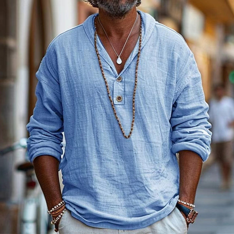 Retro cotton and linen casual long-sleeved shirt by Bucciato, featuring a relaxed fit and vintage-inspired design.