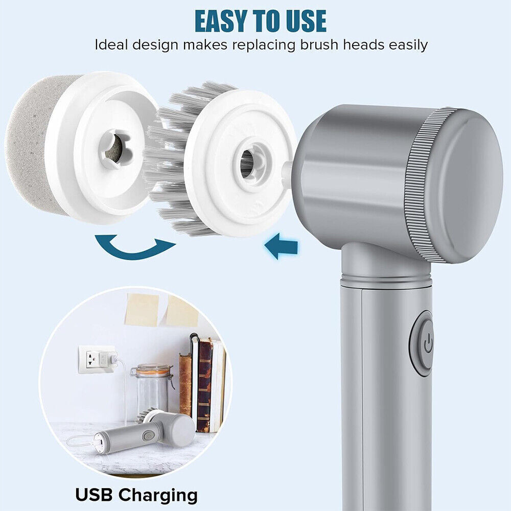 Rechargeable electric cordless cleaning brush set with turbo spin scrub heads, ideal for deep cleaning surfaces and tiles.