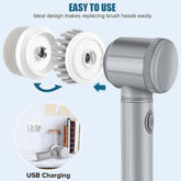 Rechargeable electric cordless cleaning brush set with turbo spin scrub heads, ideal for deep cleaning surfaces and tiles.