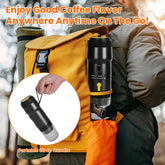 Portable Bucciato electric espresso machine for ground coffee and capsules, self-heating, compact design for car, camping, and home use.