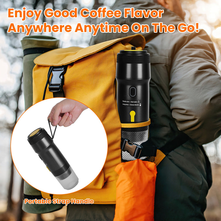 Portable Bucciato electric espresso machine for ground coffee and capsules, self-heating, compact design for car, camping, and home use.