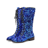 Glittery round-toe mid-heel over-the-knee boots with front lacing, stylish women&