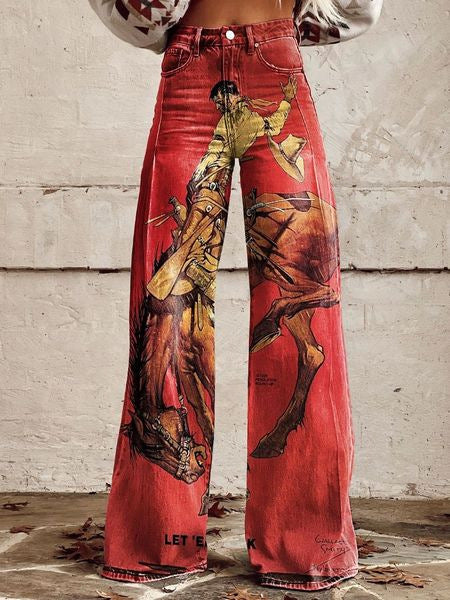 Loose-fit flared denim jeans with retro print by Bucciato, showcasing stylish, vintage-inspired luxury women&