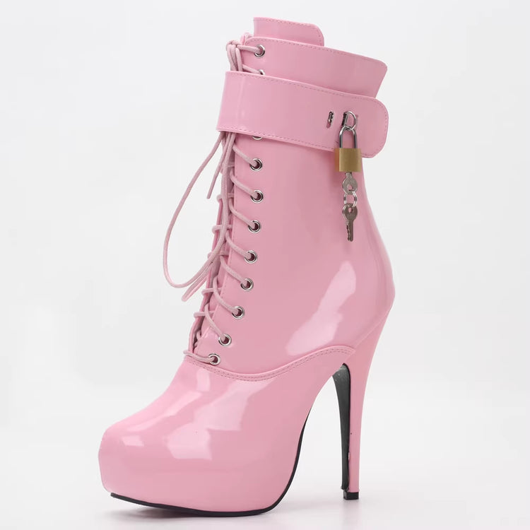 Black patent leather high heels with lace-up design, 15cm stiletto heel, waterproof, lockable, women&