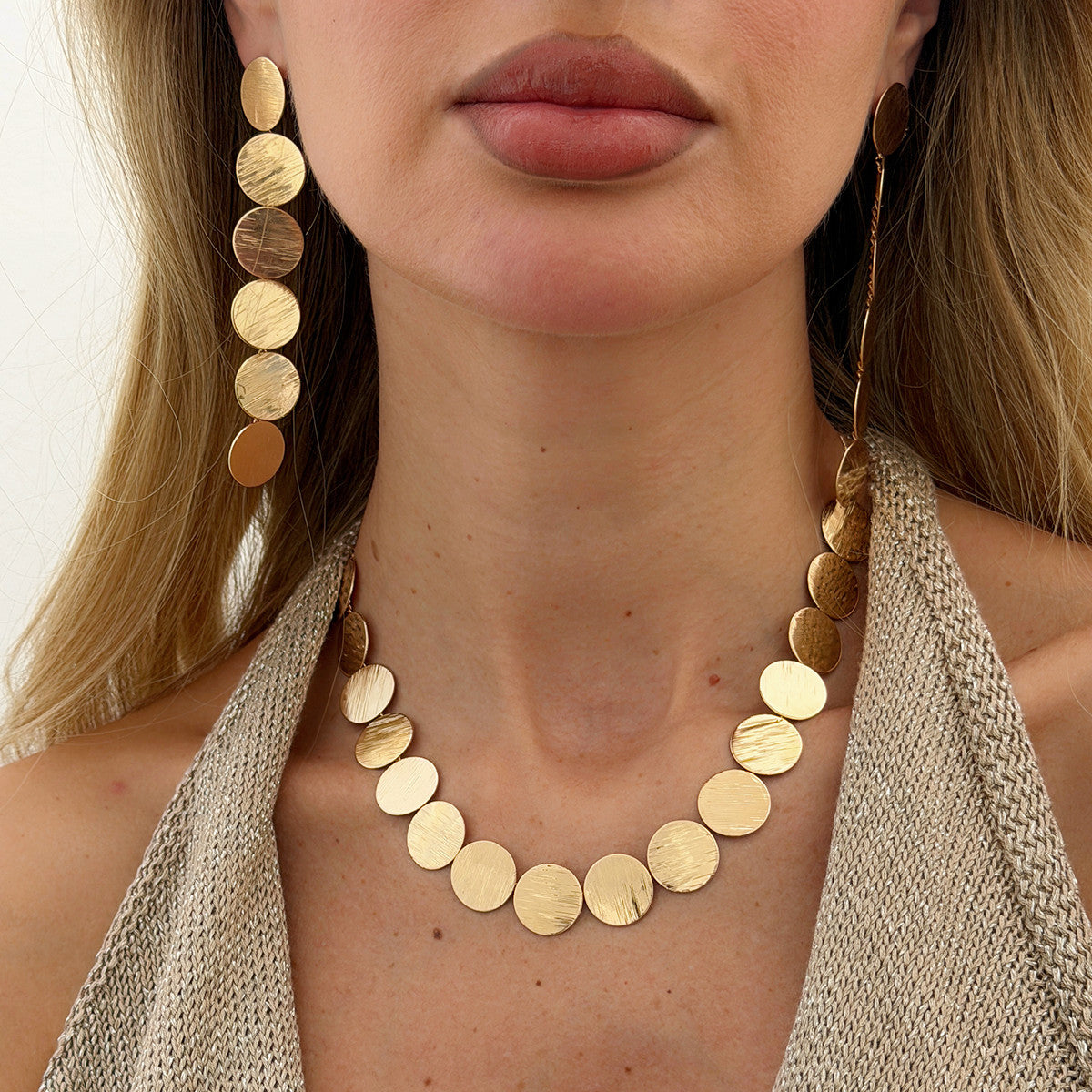 Sleek Trendy Geometric  Round Metal Patchwork Necklace For Commuting