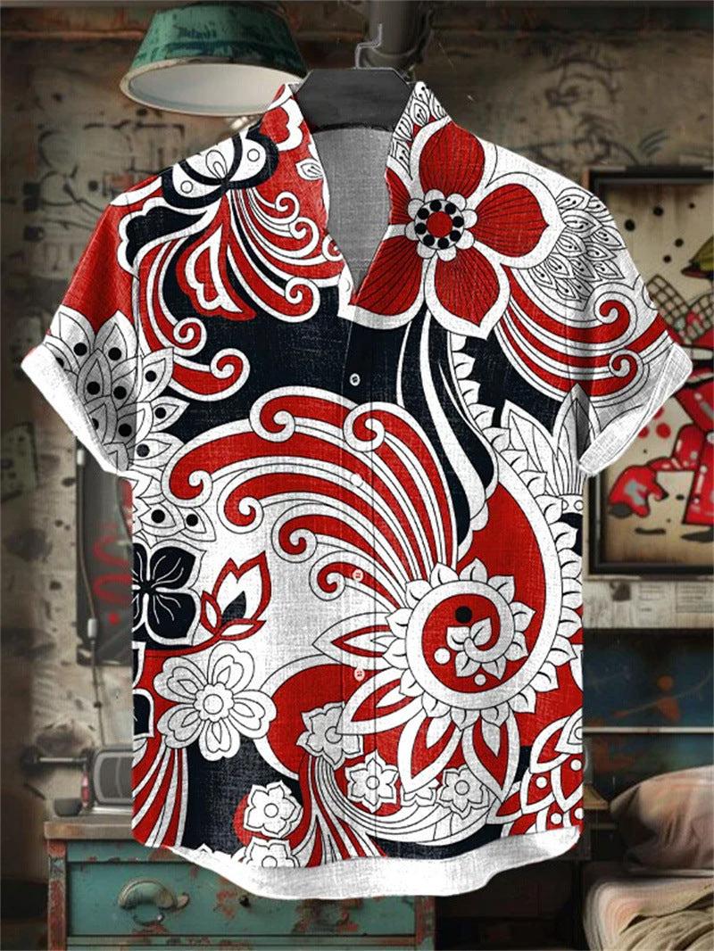 Men's Printed Short-Sleeve Stand-Up Collar Top