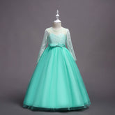 Long flower girl dress for kids with floral details, elegant design, and soft fabric, perfect for special occasions.