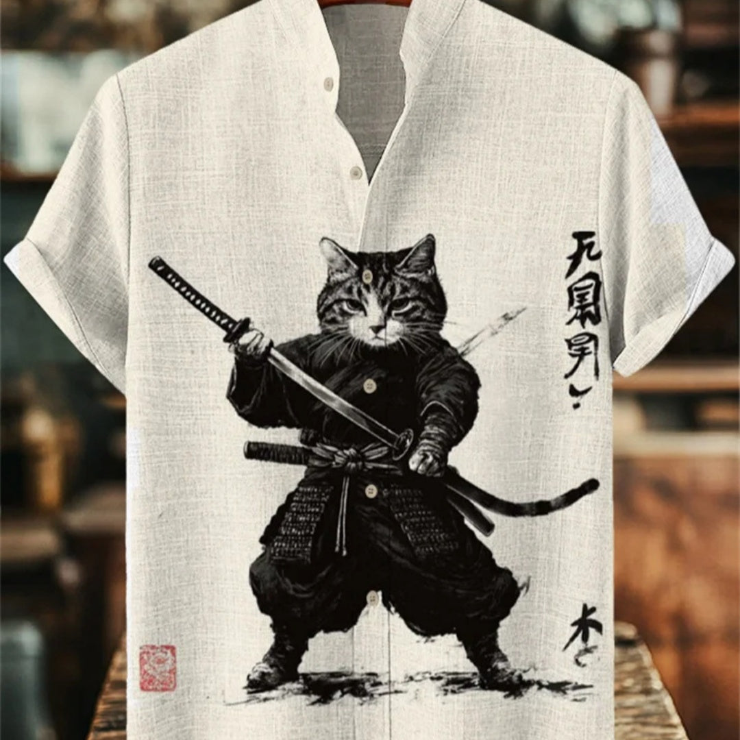 Men's Printed Short-Sleeve Stand-Up Collar Top