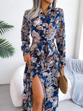 Women  Vintage Floral Print Lapel Tie Waist Shirt Maxi Dress