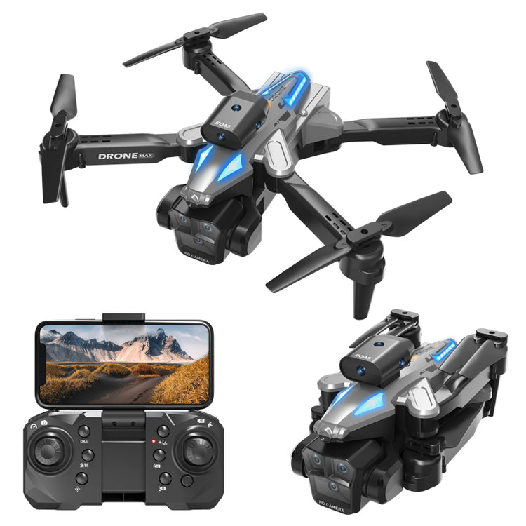 Black C10 three-camera foldable drone with aerial camera and remote control, designed for high-quality aerial photography.