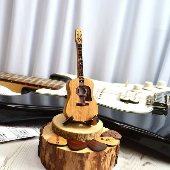 Wooden Personalized Guitar Ornament With Stand, Guitar Pick Box Gift, Wooden Craft Gift