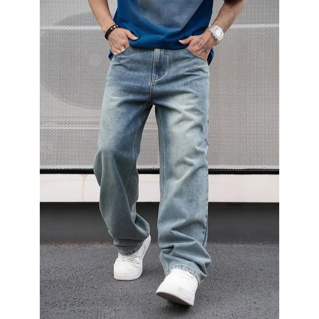 Men's Casual Straight Wash Jeans - Light Blue Loose Fit Ob