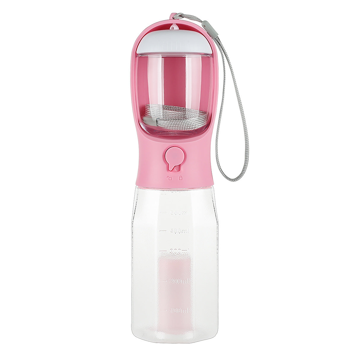 Portable 3-in-1 cat and dog water bottle from Bucciato, featuring a food feeder, drink dispenser, and poop bag holder.