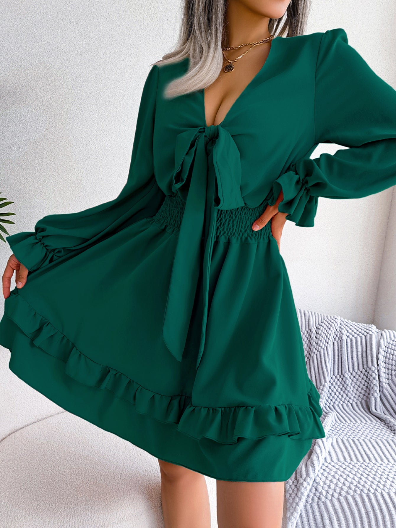 Women  Casual Tie Waist Ruffle Trim Flowy Dress