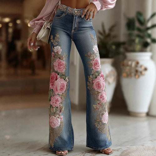 Women's Retro Printed Faux Denim Jeans