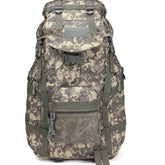 Camouflage backpack for camping, hiking, travel, and cycling with multiple compartments and adjustable straps, by Bucciato.
