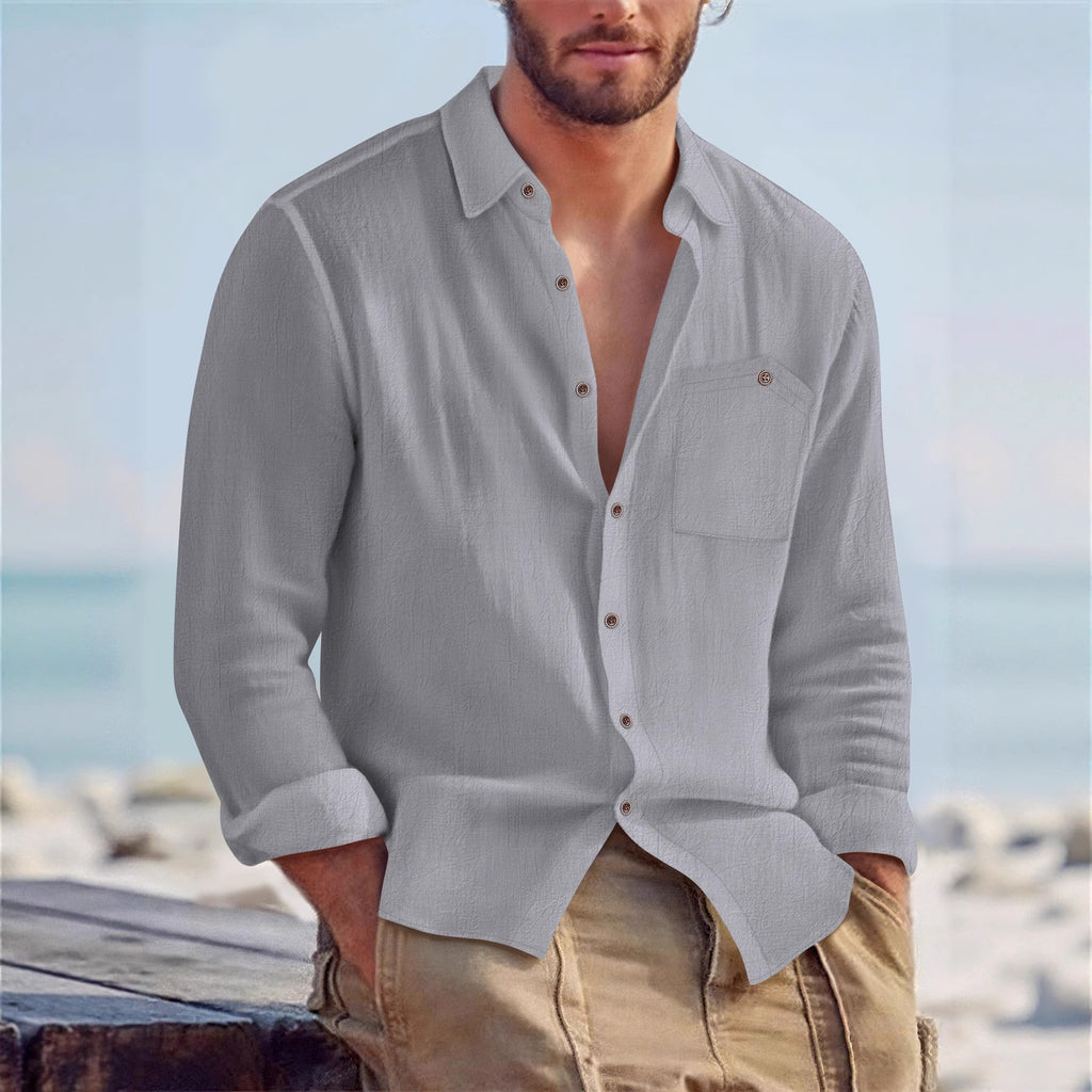 Men's Linen Loose-fit Solid-color Lapel Cardigan Shirt