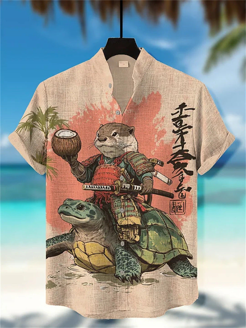 Men's Printed Short-Sleeve Stand-Up Collar Top