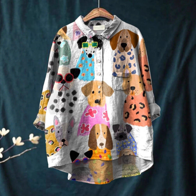 Women's Summer Loose-Fit Printed Lapel Casual European-Size Shirt