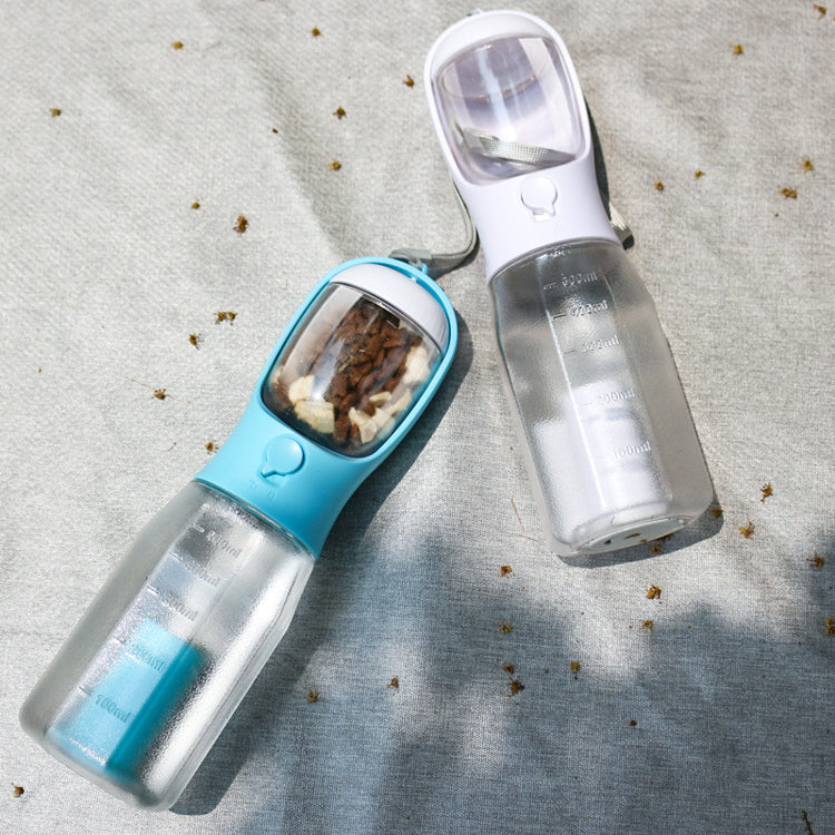 Bucciato 3-in-1 portable pet water bottle and food feeder for cats and dogs, leak-proof, multifunctional pet hydration and feeding.