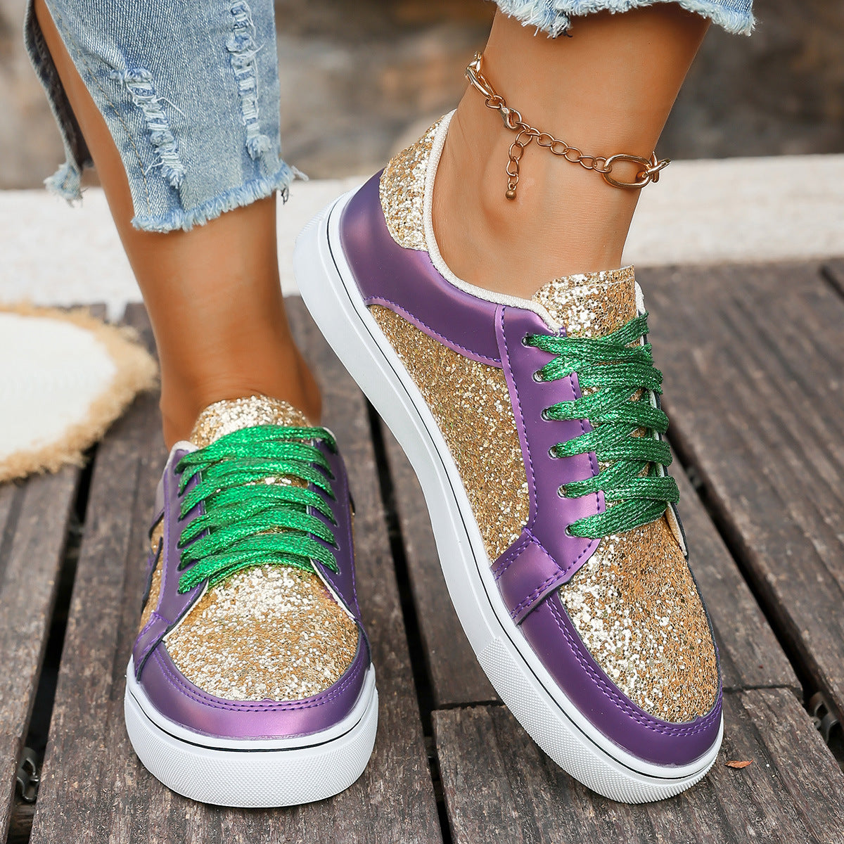 Stylish Flat Chunky-sole Low-top Shoes With Sequins And Lace-up Design
