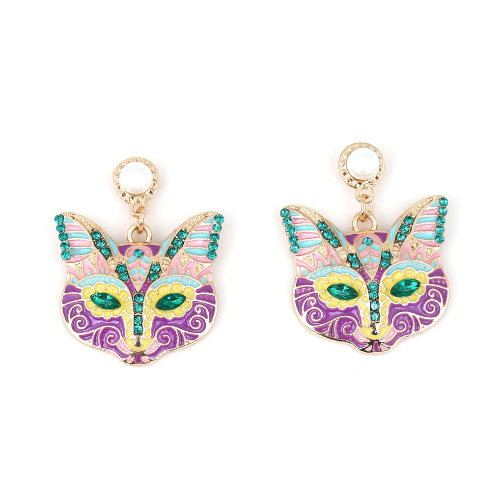 Cartoon Nine-Tailed Cat Face Alloy Earrings Inlaid With Colorful Diamonds