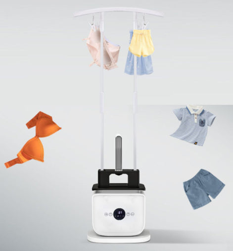 Automatic inflatable portrait ironing and drying machine by Bucciato, showing the all-in-one clothes drying and ironing device in action.