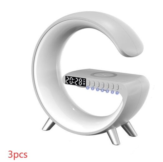 G Shaped LED lamp with Bluetooth speaker and wireless charger, featuring modern design and app control for bedroom or home decor.