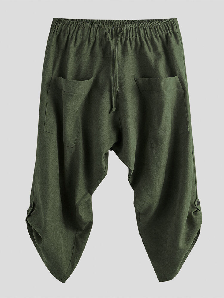 Chinese Style Cotton And Linen Baggy Men's Loose Cropped Pants With Printed Ankle Cuffs