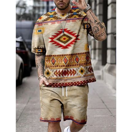 3D digital printed men's casual short sleeved shorts set