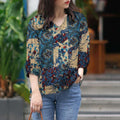 Women's Stylish V-neck Top With Three-quarter-length Sleeves Featuring A Printed Design