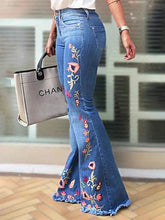 High-elasticity embroidered flared jeans for women, designer denim by Bucciato, showcasing intricate embroidery and stylish flare cut.