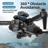 Black C10 three-camera foldable aerial drone by Bucciato with sleek design and multiple camera lenses for high-quality aerial photography.