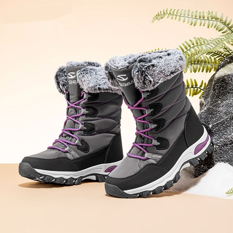 Warme Damen-Schneestiefel mit breiter Zehenpartie, mittelhoch, mit weicher Sohle und Kunstfellfutter für den Winter