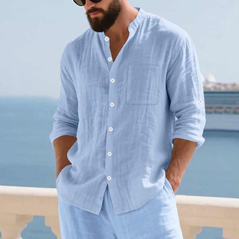 Breathable Linen Men's Button-Up Stand-Collar Long-Sleeve Shirt