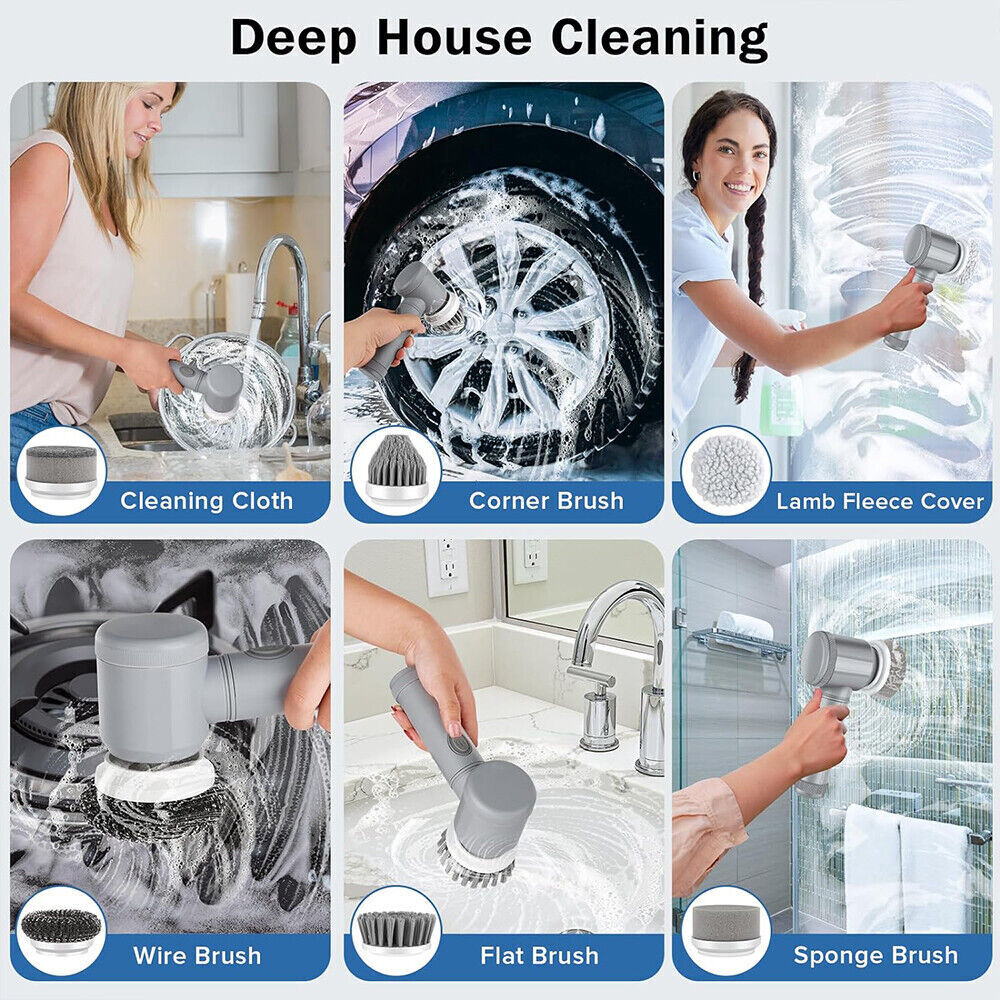Rechargeable electric cordless cleaning brush with turbo spin feature, ideal for scrubbing surfaces and tiles.