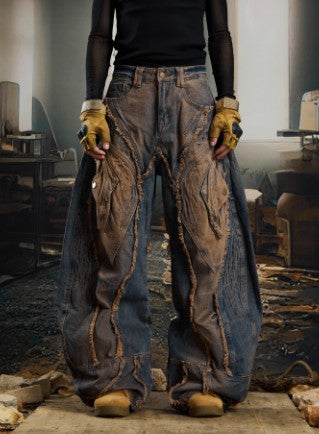 Heavy-duty Raw-edged Distressed-style Post-apocalyptic Loose-fit Jeans