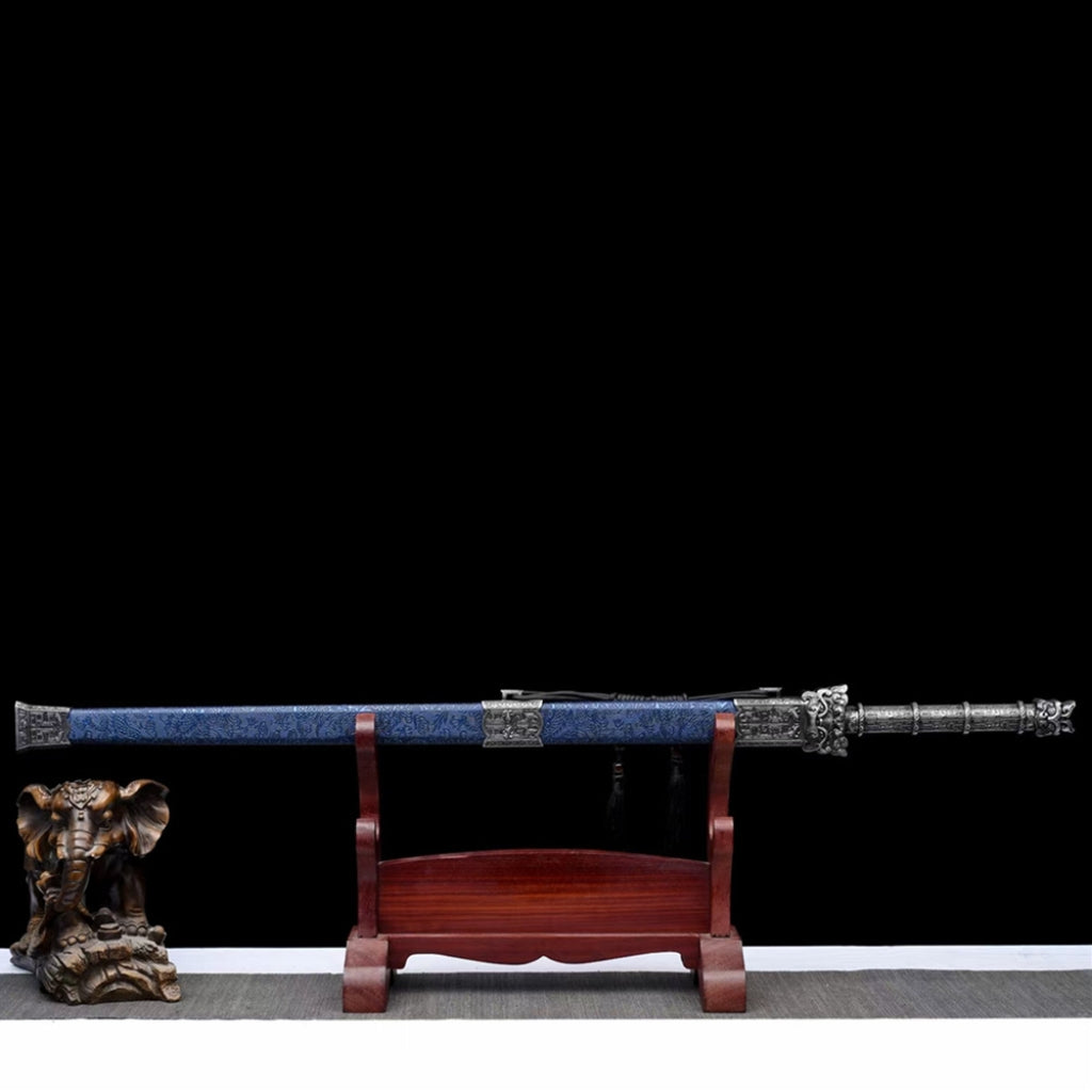 Antikes Ganzschwert im Tang-Stil, Langschwert mit Manganstahlklinge, Han-Schwert, Tang-Säbel (horizontal), ungeschärfte Kaltwaffe