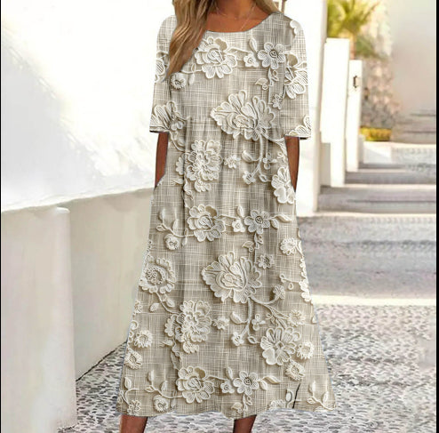 Schlichtes, stilvolles und elegantes Damenkleid mit Rundhalsausschnitt
