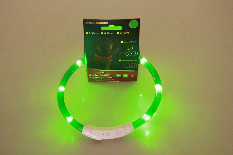 USB rechargeable Pet Flashing Collar by Bucciato, glowing neon safety collar with light-up feature for night walking and visibility.