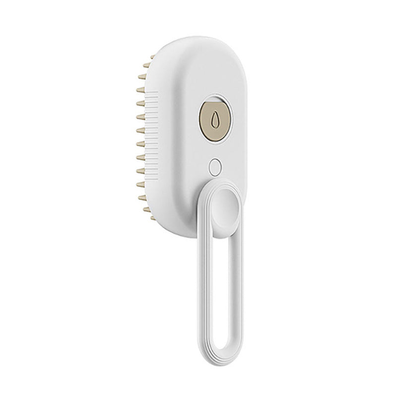 Electric cat and dog steam grooming brush with spray, massage comb, and hair removal features for pet grooming.