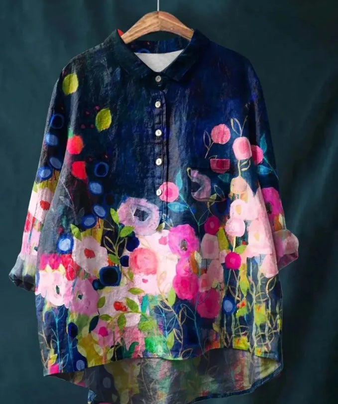 Women's Summer Loose-Fit Printed Lapel Casual European-Size Shirt