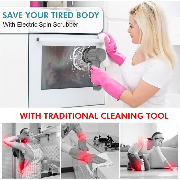 10-pack rechargeable electric cordless cleaning brushes with turbo spin scrub heads, ideal for deep cleaning surfaces.