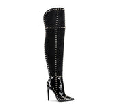 Gold-studded stiletto pointed fashion boots for women, featuring a bold design with explosive gold accents and sleek silhouette.
