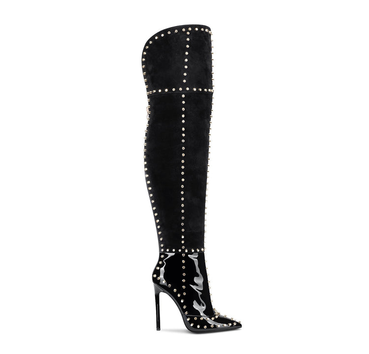 Gold-studded stiletto pointed fashion boots for women, featuring a bold design with explosive gold accents and sleek silhouette.