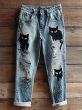 New Fashion Digital-print Denim Straight-leg Pants