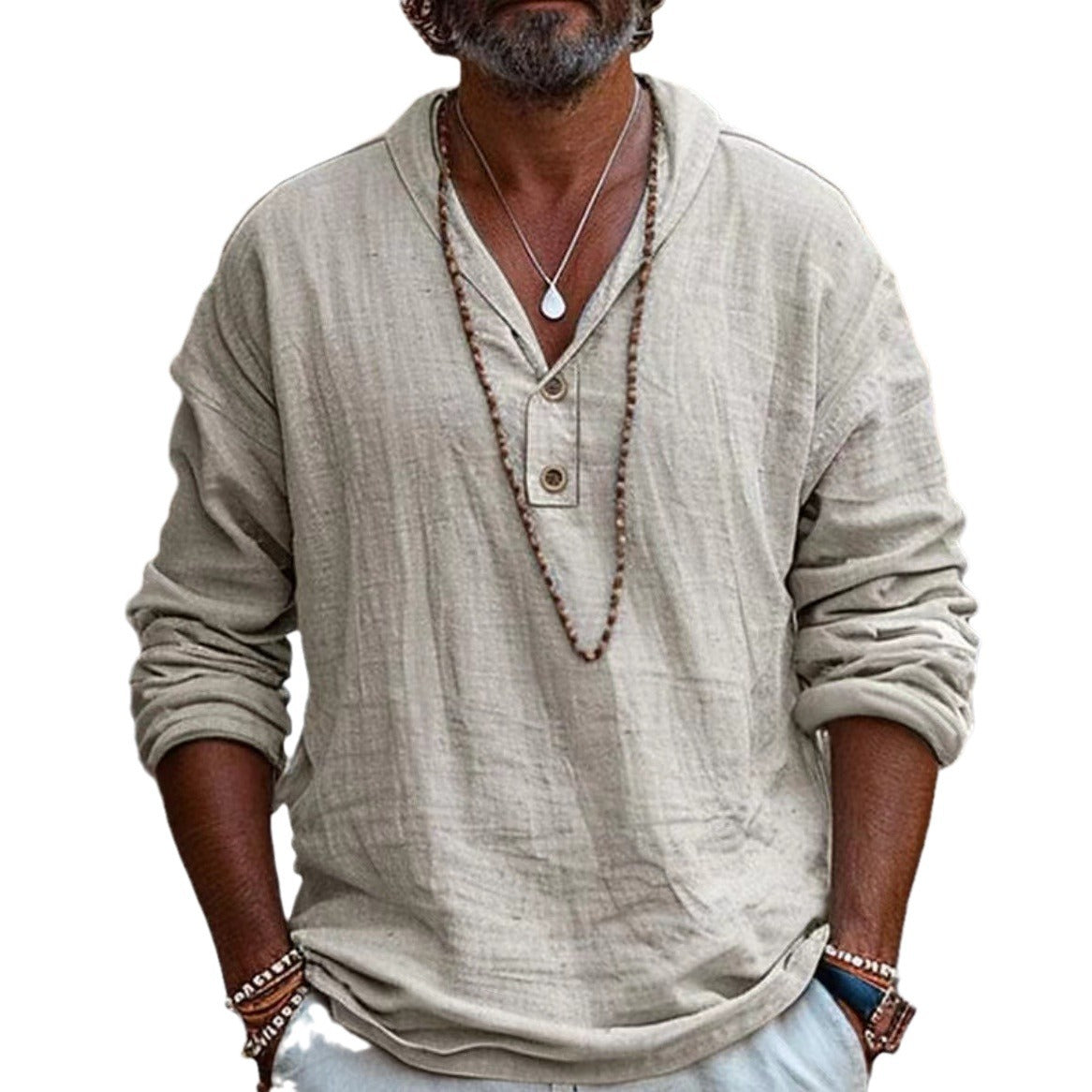 Retro cotton and linen casual long-sleeved shirt in beige, featuring a relaxed fit and classic collar from Bucciato Linen Casual collection.